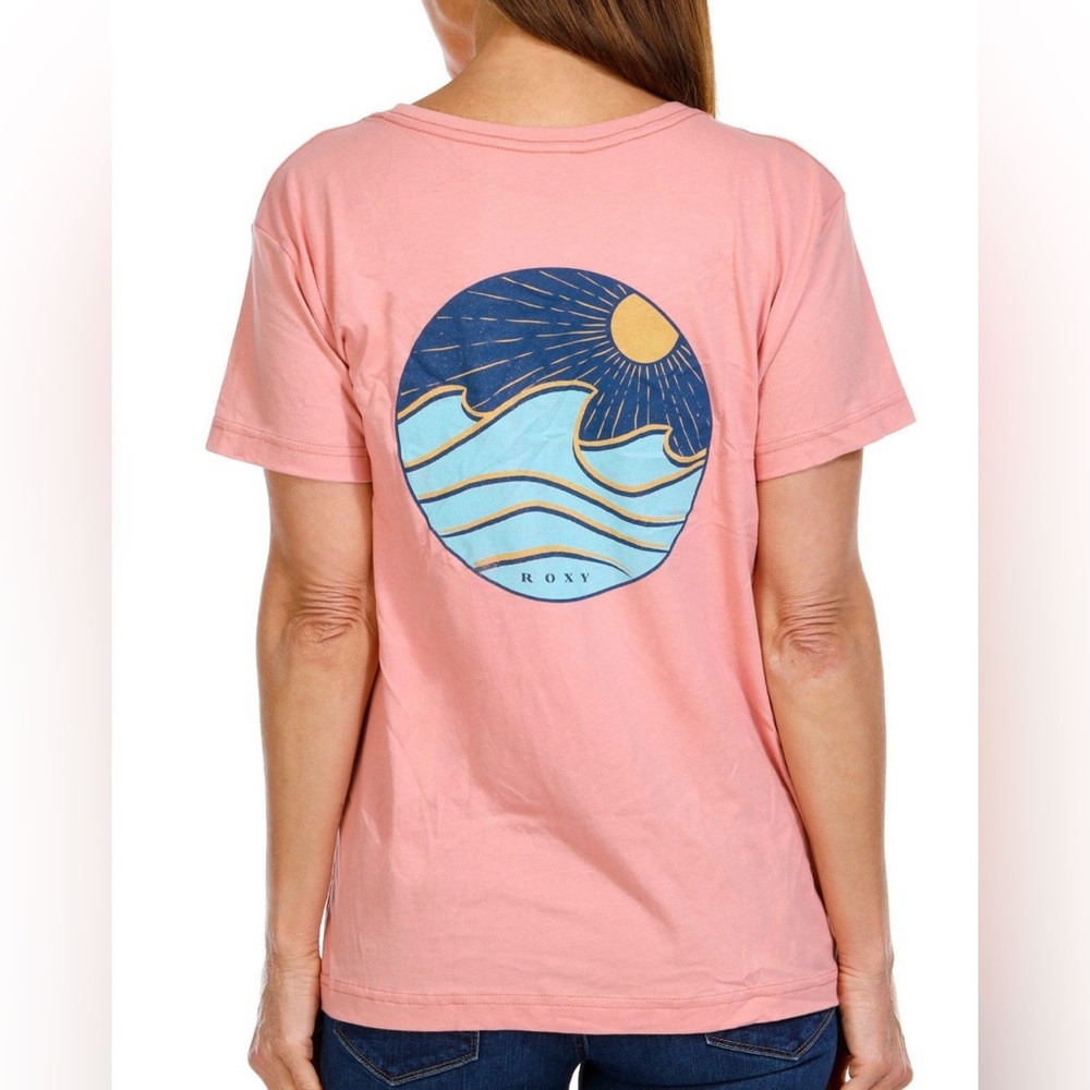 Roxy “Shore Drive” Dusty Pink Cotton T-Shirt Tee w Blue Wave & Sun Design S